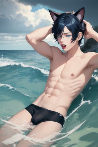 masterpiece, best quality, solo, animal ears, blue eyes,colored sclera, black hair, cat ears, multicolored hair, freckles,1boy,  two-tone hair, blue hair, male focus, lips, short hair, black sclera, topless, gay_sex, uncensored, male_only,speedo, in black water, gaint t vertex, caught in vertex drowning, vertex sucking boy down, dark stormy sky, vertex, maelstroms, head above water, spinning water, rough water, 