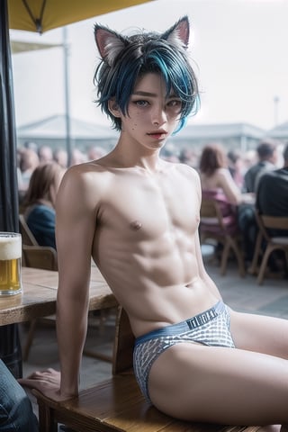 masterpiece, best quality, animal ears, blue eyes,colored sclera, black hair, cat ears, multicolored hair, freckles,1boys age 21,  two-tone hair, blue hair, male focus, lips, short hair, black sclera, gay_sex, full_body, uncensored, male_only, topless, ultra Realistic, oktoberfest ,beer tent, wear sky blue and white checker panties ,crowd, table beers , gay sex, sitting on old man lap