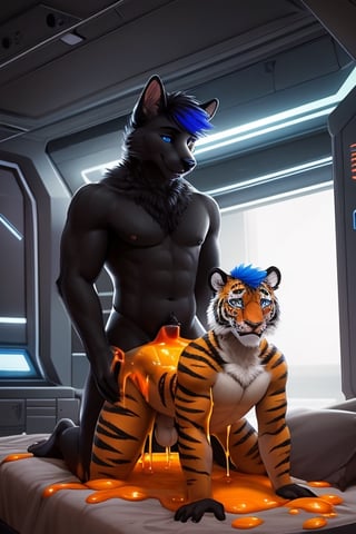 full body, anhtro, male, male_focus, tiger (blue-eyes, young, 20 years old, black_fur ,sheath, balls), muscle, veny muscle, smile, blush, male_nipples,  hyper realistic fur, natural fur, detailed fur, inner ear fluff, neck tuft, chest tuft, hindpaw,realistic fur ,fluffy, realistic, photorealistic, every detail of this beautiful, insanely detailed, detailed background, insanely detailed, perfect composition, beautiful, detailed intricate, ultra realistic, 4k, 8k, masterpiece, best quality, solo, animal ears, blue eyes,colored sclera, black hair, cat ears, multicolored hair, freckles,1boy,  two-tone hair, blue hair, male focus, lips, short hair, black sclera, full_body, uncensored, male_only,homoerotic,  science fiction, scenery,spaceship background,  looking in mirror, topless,nude, viewed_from_behind, jerking off, huge erect_penis,frontdoggy,pornography of a cute 18yo tiger bent over the end of a bed with a man kneeling behind him having rough  sex with him doggy style, (orange slime (substance):1.4), (black slime(creature)), nude ,inside an abandoned space station, horror, sci-fi, fantasy, vibrant colors,  green slime dripping from ceiling,slime on walls