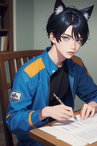 1boy,boy age 18,masterpiece, best quality, boy animal ears, boy blue eyes,boy colored sclera, boy black hair, cat ears, boy multicolored hair, boy freckles, boy two-tone hair, boy blue hair, male focus, lips, boy short hair, boy black sclera,boy in prison uniform, boy in orange jump suit,signing papers