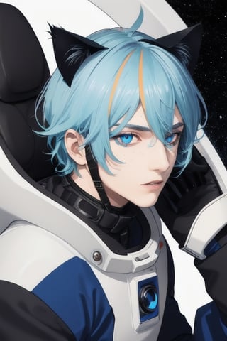 masterpiece, best quality, solo, animal ears, blue eyes,colored sclera, black hair, cat ears, multicolored hair, freckles,1boy,  two-tone hair, blue hair, male focus, lips, short hair, black sclera, full_body, uncensored, male_only, wearing vivid dark black and white space suit, helmet, tined face shield,on space ship bridge,