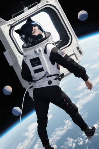 masterpiece, best quality, solo, animal ears, blue eyes,colored sclera, black hair, cat ears, multicolored hair, freckles,1boy,  two-tone hair, blue hair, male focus, lips, short hair, black sclera, full_body, uncensored, male_only, wearing vivid dark black and white space suit, helmet, tined face shield,Rear Angle, outer_space, spack walk , outside alien spaceship