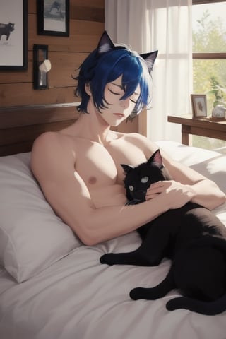 masterpiece, best quality, animal ears, blue eyes,colored sclera, black hair, cat ears, multicolored hair, freckles,1boy,  two-tone hair, blue hair, male focus, lips, short hair, black sclera, sleeping in bed,laying in bed, eyes closed ,farm house,posters of ( nude girls), Farmhouse interior design,wood walls
