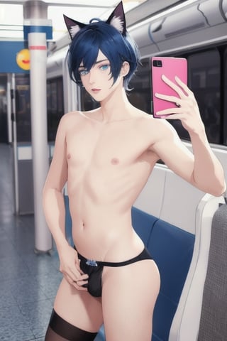 ((masterpiece)), best quality, animal ears, blue eyes,colored sclera, black hair, cat ears, multicolored hair, freckles,1boys,  two-tone hair, blue hair, male focus, lips, short hair, black sclera, topless, gay_sex, full_body, uncensored, male_only, cute twink boy standing in the train station wearing pink panties and stockings, boy with small dick in the panties, small penis bulge, feminine body, feminine boy, submissive, taking selfie, body with small dick,  boy with wide hips, big ass, perfection model, perfect body, perfect cock, complex_background, detailed face, detailed hands,High detailed, realhands,