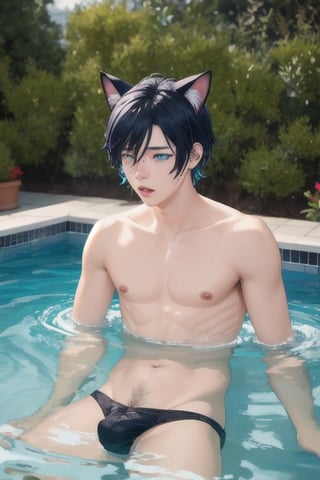 masterpiece, best quality, solo, animal ears, blue eyes,colored sclera, black hair, cat ears, multicolored hair, freckles,1boy,  two-tone hair, blue hair, male focus, lips, short hair, black sclera, topless, gay_sex, uncensored, male_only,speedo, pool,  giant whirlpool, caught in whirlpool, drowning, whirlpool sucking boy down, dark stormy sky, vertex, maelstroms