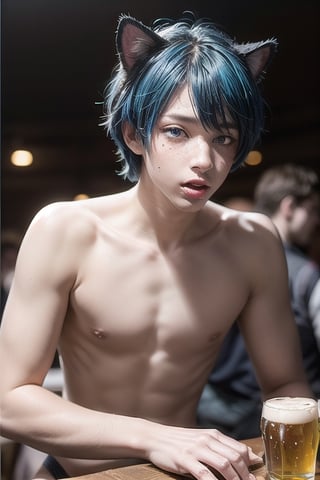masterpiece, best quality, animal ears, blue eyes,colored sclera, black hair, cat ears, multicolored hair, freckles,1boys age 21,  two-tone hair, blue hair, male focus, lips, short hair, black sclera, gay_sex, full_body, uncensored, male_only, topless, ultra Realistic, oktoberfest ,beer tent, wear sky blue and white checker panties ,crowd, table beers , gay sex, young male, (naked , blue_long_socks) no facial hair, on table with beer mugs, whole body, tied_up_(sexual), mouth_gag_socks, blindfolded, male_chastity,