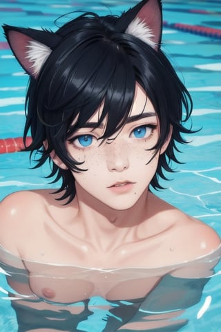 masterpiece, best quality, solo, animal ears, blue eyes,colored sclera, black hair, cat ears, multicolored hair, freckles,1boy,  two-tone hair, blue hair, male focus, lips, short hair, black sclera, topless, gay_sex, uncensored, male_only,speedo, in black water, gaint t vertex, caught in vertex drowning, vertex sucking boy down, dark stormy sky, vertex, maelstroms, only head above water, spinning water, rough water, reaching for help, panic, swimming_pool ,under water bottom of pool, face down in water, dead in water 