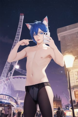 ((masterpiece)), best quality, animal ears, blue eyes,colored sclera, black hair, cat ears, multicolored hair, freckles,1boys,  two-tone hair, blue hair, male focus, lips, short hair, black sclera, topless, gay_sex, full_body, uncensored, male_only, cute twink boy standing in the  london   wearing purple panties and stockings, boy with small dick in the panties, small penis bulge, feminine body, feminine boy, submissive, taking selfie, body with small dick,  boy with wide hips, big ass, perfection model, perfect body, perfect cock, complex_background, detailed face, detailed hands,High detailed, realhands, dark night, night_sky, london eye ferris wheel