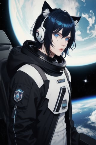 masterpiece, best quality, solo, animal ears, blue eyes,colored sclera, black hair, cat ears, multicolored hair, freckles,1boy,  two-tone hair, blue hair, male focus, lips, short hair, black sclera, full_body, uncensored, male_only, wearing vivid dark black and white space suit, helmet, tined face shield,Rear Angle, outer_space, spack walk , outside alien spaceship