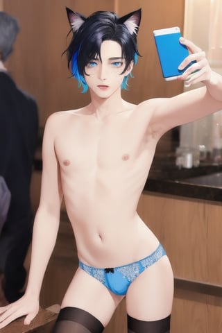 ((masterpiece)), best quality, animal ears, blue eyes,colored sclera, black hair, cat ears, multicolored hair, freckles,1boys,  two-tone hair, blue hair, male focus, lips, short hair, black sclera, topless, gay_sex, full_body, uncensored, male_only, cute twink boy standing in the frat party wearing pink panties and stockings, boy with small dick in the panties, small penis bulge, feminine body, feminine boy, submissive, taking selfie, body with small dick,  boy with wide hips, big ass, perfection model, perfect body, perfect cock, complex_background, detailed face, detailed hands,High detailed, realhands, kissing,holding_cellphone,nude,   (many onlookers looking at boy), beer keg, people drinking