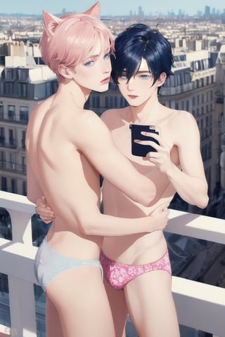 ((masterpiece)), best quality, animal ears, blue eyes,colored sclera, black hair, cat ears, multicolored hair, freckles,1boys,  two-tone hair, blue hair, male focus, lips, short hair, black sclera, topless, gay_sex, full_body, uncensored, male_only, cute twink boy standing in the balcony wearing pink panties, boy with small dick in the panties, small penis bulge, feminine body, feminine boy, submissive, taking selfie, body with small dick,  boy with wide hips, big ass, perfection model, perfect body, perfect cock, complex_background, detailed face, detailed hands,High detailed, realhands, kissing,holding_cellphone,nude,   (many onlookers looking at boy), detailed face, detailed legs, balcony overlooking paris,french_kiss