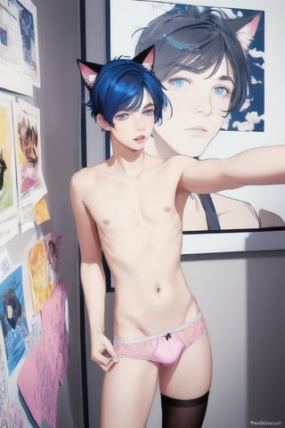 ((masterpiece)), best quality, animal ears, blue eyes,colored sclera, black hair, cat ears, multicolored hair, freckles,1boys,  two-tone hair, blue hair, male focus, lips, short hair, black sclera, topless, gay_sex, full_body, uncensored, male_only, cute twink boy standing in the frat house wearing pink panties and stockings, boy with small dick in the panties, small penis bulge, feminine body, feminine boy, submissive, taking selfie, body with small dick,  boy with wide hips, big ass, perfection model, perfect body, perfect cock, complex_background, detailed face, detailed hands,High detailed, realhands, kissing,holding_cellphone,nude,   (many onlookers looking at boy), detailed face, detailed legs, poster of rosie kawaii 