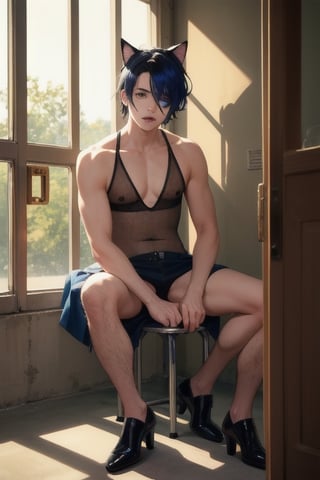 2boy ,masterpiece, best quality, animal ears, blue eyes,colored sclera, black hair, cat ears, multicolored hair, freckles, two-tone hair, blue hair, male focus, lips, short hair, black sclera,fishnet,thong, highheels, miniskirt, tube_top, halter_top, male breast,  inside jail cell, in  detention center, metal bench, metal prison toilet,  lock-up, behind bars, sitting on long bench crying