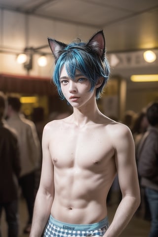 masterpiece, best quality, animal ears, blue eyes,colored sclera, black hair, cat ears, multicolored hair, freckles,1boys age 18,  two-tone hair, blue hair, male focus, lips, short hair, black sclera, gay_sex, full_body, uncensored, male_only, topless, ultra Realistic, oktoberfest ,beer tent,carrying many beer steins, armfull of large beer steins, wear sky blue and white checker panties 