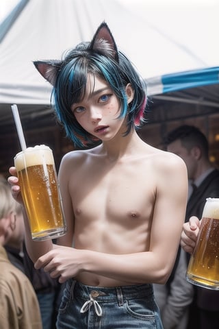 masterpiece, best quality, animal ears, blue eyes,colored sclera, black hair, cat ears, multicolored hair, freckles,1boys age 18,  two-tone hair, blue hair, male focus, lips, short hair, black sclera, gay_sex, full_body, uncensored, male_only, topless, ultra Realistic, oktoberfest ,beer tent,wearing dirndl, carrying bee rsteins, armfull of beer steins