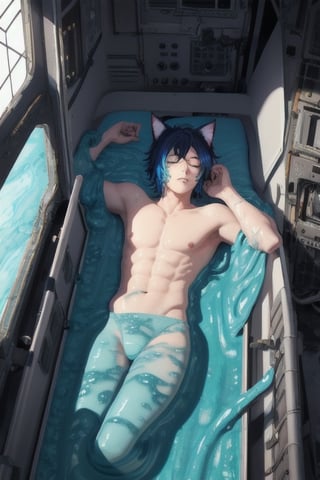 masterpiece, best quality, solo, animal ears, blue eyes,colored sclera, black hair, cat ears, multicolored hair, freckles,1boy,  two-tone hair, blue hair, male focus, lips, short hair, black sclera, full_body, uncensored, male_only,homoerotic,  science fiction, scenery,spaceship background, in crews quaters, furniture spaceship bed, laying in spaceship bed, topless, thong , eyes closed, (blue slime (substance):1.4), (green slime(creature)), ,inside an abandoned space station, horror, sci-fi, fantasy, vibrant colors, 