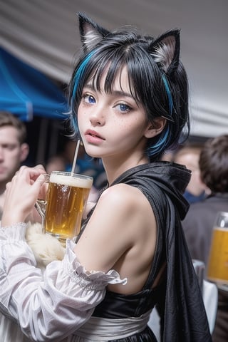 masterpiece, best quality, animal ears, blue eyes,colored sclera, black hair, cat ears, multicolored hair, freckles,1boys age 18,  two-tone hair, blue hair, male focus, lips, short hair, black sclera, gay_sex, full_body, uncensored, male_only, topless, ultra Realistic, oktoberfest ,beer tent,wearing traditional dirndl dress, carrying bee rsteins, armfull of beer steins