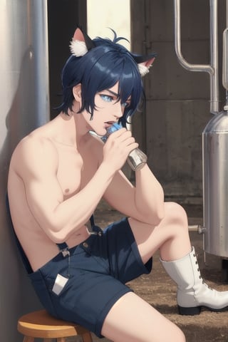 masterpiece, best quality, animal ears, blue eyes,colored sclera, black hair, cat ears, multicolored hair, freckles,1boy,  two-tone hair, blue hair, male focus, lips, short hair, black sclera, wearing overalls shorts, topless, cowboy boots, sitting_down on stool, cow, milking_machine, milking cow , hands on cow utters, cow being milked, cow kicking, kicked in head, cow attack