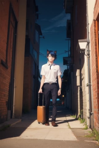 1boy and1man,masterpiece, best quality, animal ears, blue eyes,colored sclera, black hair, cat ears, multicolored hair, freckles, two-tone hair, blue hair, male focus, lips, short hair, black sclera, wearing white polo shirt, khaki pants, suitcase,school log on shirt, dark alley, dumpster,door, entering building, night_sky, keep out, night, dark 