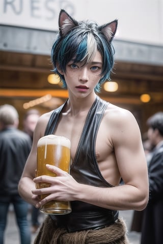 masterpiece, best quality, animal ears, blue eyes,colored sclera, black hair, cat ears, multicolored hair, freckles,1boys age 18,  two-tone hair, blue hair, male focus, lips, short hair, black sclera, gay_sex, full_body, uncensored, male_only, topless, ultra Realistic, oktoberfest ,beer tent,wearing traditional Oktoberfest dress, carrying many beer steins, armfull of large beer steins