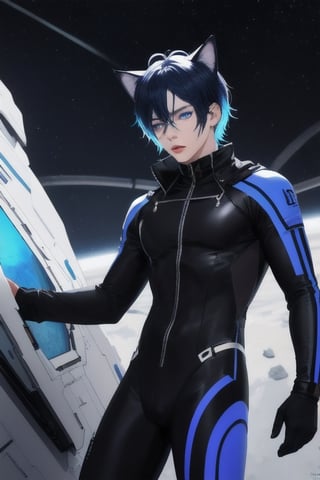masterpiece, best quality, solo, animal ears, blue eyes,colored sclera, black hair, cat ears, multicolored hair, freckles,1boy,  two-tone hair, blue hair, male focus, lips, short hair, black sclera, full_body, uncensored, male_only,homoerotic,  science fiction, scenery,holding weapon, blue skin tight  bodysuit, spaceship background