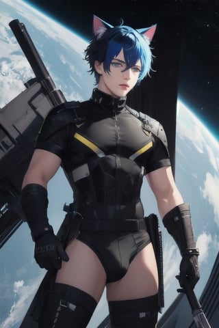 masterpiece, best quality, solo, animal ears, blue eyes,colored sclera, black hair, cat ears, multicolored hair, freckles,1boy,  two-tone hair, blue hair, male focus, lips, short hair, black sclera, full_body, uncensored, male_only,homoerotic,  science fiction, scenery,holding weapon, yellow and blue bodysuit, spaceship background,underwear_bulge,crotch_bulge, male genital_bulge, pinis outling bulge
