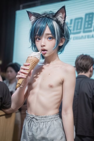 masterpiece, best quality, animal ears, blue eyes,colored sclera, black hair, cat ears, multicolored hair, freckles,1boys age 18,  two-tone hair, blue hair, male focus, lips, short hair, black sclera, gay_sex, full_body, uncensored, male_only, topless, ultra Realistic, oktoberfest ,beer tent, wear sky blue and white checker panties , licking ice cream, holding ice cream,crowd