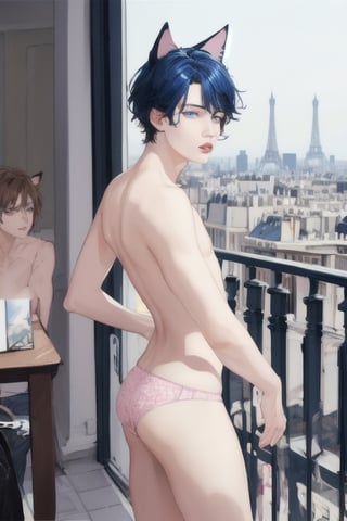 ((masterpiece)), best quality, animal ears, blue eyes,colored sclera, black hair, cat ears, multicolored hair, freckles,1boys,  two-tone hair, blue hair, male focus, lips, short hair, black sclera, topless, gay_sex, full_body, uncensored, male_only, cute twink boy standing in the balcony wearing pink panties, boy with small dick in the panties, small penis bulge, feminine body, feminine boy, submissive, taking selfie, body with small dick,  boy with wide hips, big ass, perfection model, perfect body, perfect cock, complex_background, detailed face, detailed hands,High detailed, realhands, kissing,holding_cellphone,nude,   (many onlookers looking at boy), detailed face, detailed legs, balcony overlooking paris