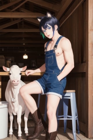 masterpiece, best quality, animal ears, blue eyes,colored sclera, black hair, cat ears, multicolored hair, freckles,1boy,  two-tone hair, blue hair, male focus, lips, short hair, black sclera, wearing overalls shorts, topless, cowboy boots,in barn, sitting_down on stool, cow, cow in stall, milking_machine, milking cow , hand on (cow utters), boy under cow,