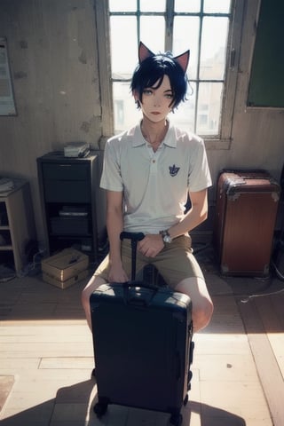 1boy and1man,masterpiece, best quality, animal ears, blue eyes,colored sclera, black hair, cat ears, multicolored hair, freckles, two-tone hair, blue hair, male focus, lips, short hair, black sclera, wearing white polo shirt, khaki pants, suitcase,school logo on shirt, night_sky, keep out, night, dark , inside classroom, abandoned_style, sittling on dirty bed, dirty room, open suitcase