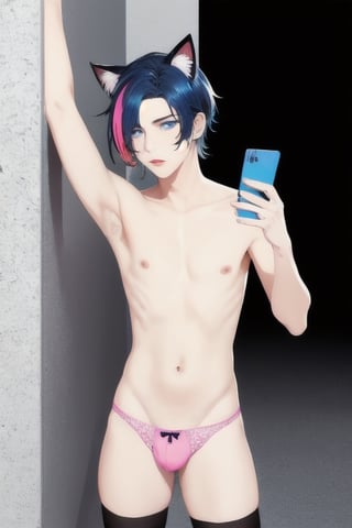 ((masterpiece)), best quality, animal ears, blue eyes,colored sclera, black hair, cat ears, multicolored hair, freckles,1boys,  two-tone hair, blue hair, male focus, lips, short hair, black sclera, topless, gay_sex, full_body, uncensored, male_only, cute twink boy standing in the gloryhole wearing pink panties and stockings, boy with small dick in the panties, small penis bulge, feminine body, feminine boy, submissive, taking selfie, body with small dick,  boy with wide hips, big ass, perfection model, perfect body, perfect cock, complex_background, detailed face, detailed hands,High detailed, realhands, holding_cellphone, 3men,surrounded by naked fat old men, kissing old man, black walls, hole in wall, giant penis coming through hole in wall