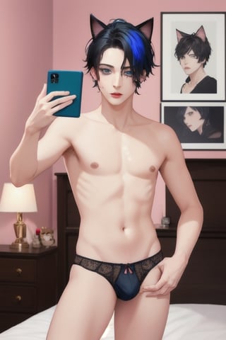((masterpiece)), best quality, animal ears, blue eyes,colored sclera, black hair, cat ears, multicolored hair, freckles,1boys,  two-tone hair, blue hair, male focus, lips, short hair, black sclera, topless, gay_sex, full_body, uncensored, male_only, cute twink boy standing in the bed room wearing pink panties and stockings, boy with small dick in the panties, small penis bulge, feminine body, feminine boy, submissive, taking selfie, body with small dick,  boy with wide hips, big ass, perfection model, perfect body, perfect cock, complex_background, detailed face, detailed hands,High detailed, in sisters bedroom, posters of sexy boy, pink walls, teddy_bear