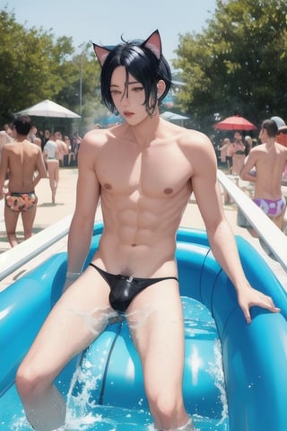 masterpiece, best quality, solo, animal ears, blue eyes,colored sclera, black hair, cat ears, multicolored hair, freckles,1boy,  two-tone hair, blue hair, male focus, lips, short hair, black sclera, topless, gay_sex, full_body, uncensored, male_only,speedo, water park, towel, gaint  waterslide, crowd, top of waterslide, going down waterslide head first