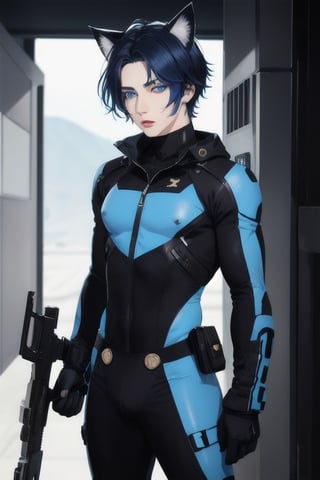 masterpiece, best quality, solo, animal ears, blue eyes,colored sclera, black hair, cat ears, multicolored hair, freckles,1boy,  two-tone hair, blue hair, male focus, lips, short hair, black sclera, full_body, uncensored, male_only,homoerotic,  science fiction, scenery,holding weapon, blue skin tight  bodysuit, spaceship background,underwear_bulge,crotch_bulge, male genital_bulge, pinis outling bulge