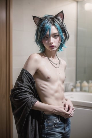 masterpiece, best quality, animal ears, blue eyes,colored sclera, black hair, cat ears, multicolored hair, freckles,1boys,  two-tone hair, blue hair, male focus, lips, short hair, black sclera, topless, gay_sex, full_body, uncensored, male_only,topless,nude, ultra Realistic, 80’s hotel room, Dirty, garbage-filled hotel room,  Dirty Rotten Imbeciles, Straight Edge, Chaos UK, (hardcore Punk fashion),  jokey And playful expression, Septum Piercing, more Coal, Ratty dreads, Crust core,anti union flag design, {chain storm}, stained clothes, spike hair, photo r3al,sitting in bath tub, bouble bath, bubble bath, dirty bath water, old man standing by tub, old man handing boy money