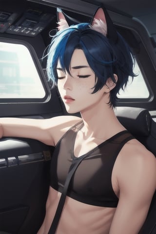 masterpiece, best quality, solo, animal ears, blue eyes,colored sclera, black hair, cat ears, multicolored hair, freckles,1boy,  two-tone hair, blue hair, male focus, lips, short hair, black sclera, full_body, uncensored, male_only,homoerotic,  science fiction, scenery,spaceship background, in crews quaters, furniture spaceship bed, laying in spaceship bed, topless, thong , eyes closed