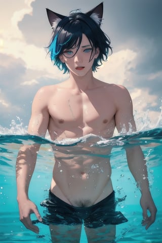 masterpiece, best quality, solo, animal ears, blue eyes,colored sclera, black hair, cat ears, multicolored hair, freckles,1boy,  two-tone hair, blue hair, male focus, lips, short hair, black sclera, topless, gay_sex, uncensored, male_only,speedo, in black water, gaint t vertex, caught in vertex drowning, vertex sucking boy down, dark stormy sky, vertex, maelstroms, only head above water, spinning water, rough water, reaching for help, panic, swimming_pool ,under water bottom of pool, face down in water, dead in water 