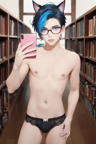 ((masterpiece)), best quality, animal ears, blue eyes,colored sclera, black hair, cat ears, multicolored hair, freckles,1boys,  two-tone hair, blue hair, male focus, lips, short hair, black sclera, topless, gay_sex, full_body, uncensored, male_only, cute twink boy standing in the library wearing pink panties and stockings, boy with small dick in the panties, small penis bulge, feminine body, feminine boy, submissive, taking selfie, body with small dick,  boy with wide hips, big ass, perfection model, perfect body, perfect cock, complex_background, detailed face, detailed hands,High detailed, realhands, glasses