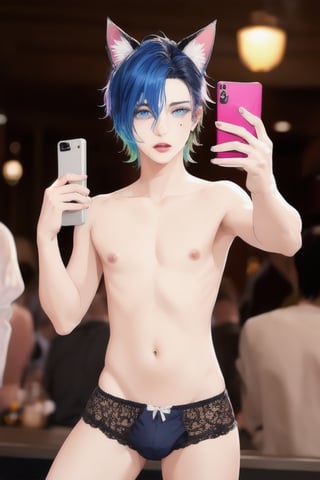 ((masterpiece)), best quality, animal ears, blue eyes,colored sclera, black hair, cat ears, multicolored hair, freckles,1boys,  two-tone hair, blue hair, male focus, lips, short hair, black sclera, topless, gay_sex, full_body, uncensored, male_only, cute twink boy standing in the frat party wearing pink panties and stockings, boy with small dick in the panties, small penis bulge, feminine body, feminine boy, submissive, taking selfie, body with small dick,  boy with wide hips, big ass, perfection model, perfect body, perfect cock, complex_background, detailed face, detailed hands,High detailed, realhands, kissing,holding_cellphone,nude,   (many onlookers looking at boy), beer keg, people drinking