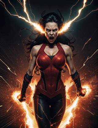 A Photograph capturing a woman's explosive fury in a comic book style. Show her intense anger radiating from her body as energy bolts crackle around her, her eyes ablaze with fiery rage. Use dynamic lines, bold colors, and exaggerated facial expressions to convey the intensity of her wrath.