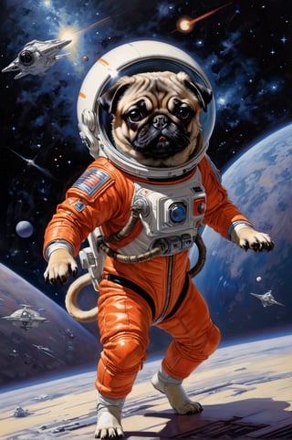 art by Masamune Shirow, art by J.C. Leyendecker, art by boris vallejo, a masterpiece, stunning beauty, hyper-realistic oil painting, vibrant colors, ((( pug wearing a space suit ))), action stance, wearing Togruta battle outfits, action stance, in a corridor on the Death Star, open to the stars, galaxy, Star Wars starship destroyer background, 