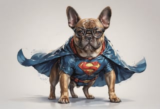 AP,glasses,no humans,dog, french bulldog wearing a superhero costume,realistic,white background,simple background,solo, four legs, animal focus,brown eyes,animal,looking at viewer, professional, studio shot, ,Manga style illustration
