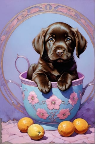  art nouveau style, an oil painting, a masterpiece, a chocolate Labrador puppy, art by TavitaNiko, art by mel odom, art by Klimt , art by brom, art by Warhol, art by frazetta, poster style, Russian art, pink, baby blue, lilac, chocolate puppy fur, funny, 