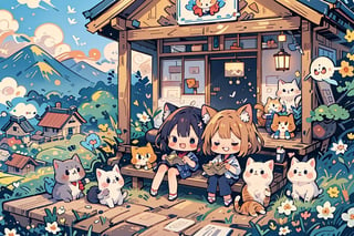 ((anime chibi style)), masterpiece, highly detailed, 16K, HD, cute with adorable eyes and Legs dangling on the porch of a house in the Japanese countryside, dynamic angle, depth of field,2girl,simplecats, cat ear, sleeping cat and  playing cat,