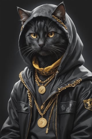 fashion photography, closeup portrait, hip-hop gang anthropomorphic black cat, wearing hoodie jacket, wearing a Durag, with bandana, using golden chain and necklace around his neck, looking cold and serious, set against the dark background, professional, studio shot, , 
