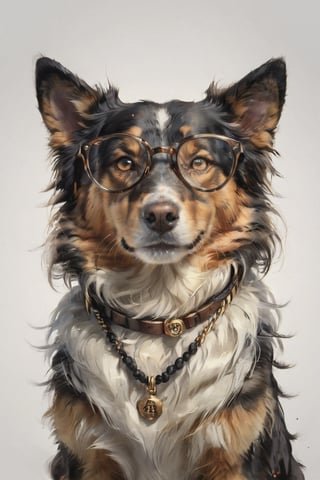 AP,glasses,no humans,dog,collie,realistic,white background,simple background,solo, animal focus,necklace,jewelry,brown eyes,animal,looking at viewer, professional, studio shot, ,Manga style illustration
