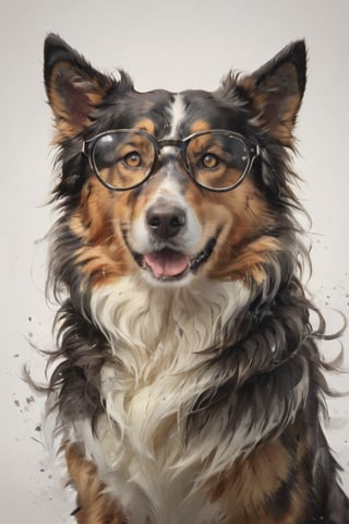 AP,glasses,no humans,dog,collie,realistic,white background,simple background,solo, animal focus,brown eyes,animal,looking at viewer, professional, studio shot, ,Manga style illustration
