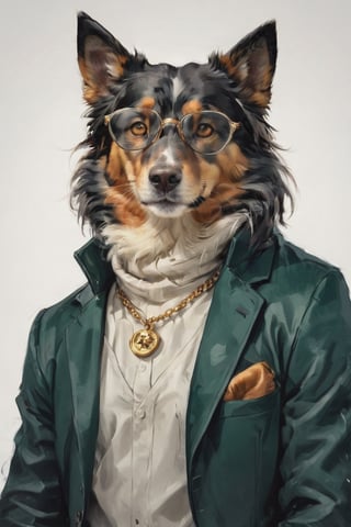 AP,glasses,no humans,dog,collie,realistic,white background,simple background,solo,dark green suit, animal focus,necklace,jewelry,(turtleneck sweater:1.3),brown eyes,animal,looking at viewer, , professional, studio shot, ,Manga style illustration
