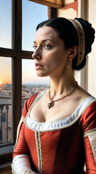 masterpiece, hyper-detailed, photorealistic, ultra photoreal, cinematic Light, renaissance woman, in16th century style dressed, medium shot image, a lady looking away, black hair. background of a sunset from the window of a palace, 16th century white and red clothes with intricate details and ornaments, ultra realistic details, photorealistic, realistic skin texture,itacstl