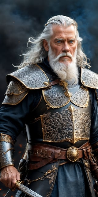 Generate hiper realistic half body portrait of a 60 year old man, wearing a very tight intricately detailed dark iron armor adorned with golden filigree, over a black clothes, With a large leather belt with a medieval sword sheathed, , standing, long white hair blowing by wind, light blue eyes, with a thick white beard, a serene look and gesture, hyper detailed, captured from a full height rear view , digital photography, Canon R5 85 mm f8 lens, 64k, UHD, HDR (high quality), ((Dark fantasy image)), photorealistic, vibrant and ultra-detailed colors. dark background,fire element,DonMW15pXL